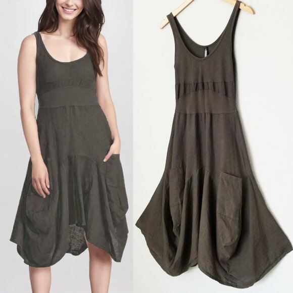 Inizio Dresses & Skirts - Inizio MAGIC 2 POCKET Sleeveless Linen Dress S Lagenlook Dark Olive Italy $150
